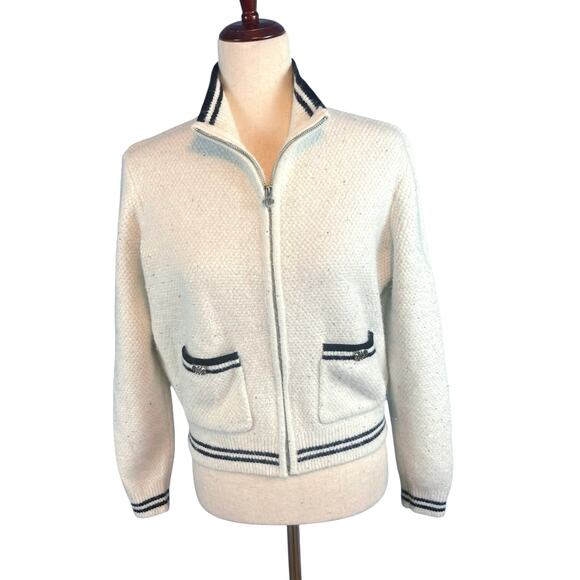 Maje Zip Up Contrast Black Stripe Cardigan Sparkle Wool Blend White Large - Picture 8 of 15